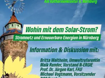 Einladungsbild zur Veranstaltung Stromnetze am 16.10.2025 - Stadtmauertum mit PV, Windrad und Sonnenblumen-Logo. Text wie Text der Veranstaltung.
